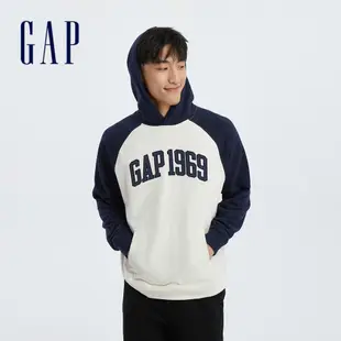 Gap 男裝 Logo/小熊印花帽T 碳素軟磨法式圈織系列-藍白拼接(760405)