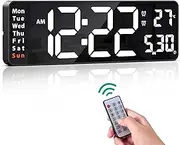 ORIA 16" Digital Wall Clock, LED Alarm Clock with Remote Control, Large Display Wall Clock with Temp Date Display, Dual Alarm, Countdown/Up Function, Adjustable Brightness, for Hoom, Office -White