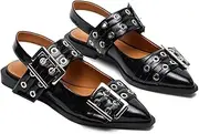[Aimery] Women Buckle Ballet Flats Pointed Toe Slingback Wide Flat Casual Comfortable Ballerina Block Heel Shoes