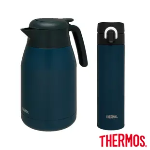 【THERMOS膳魔師】不鏽鋼黛藍風韻按壓式保溫壺1500ml+保溫瓶400ml(THS-1501+JNI-401)