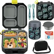 Itslife Bento Lunch Box Set for Kids with 12oz Soup Thermo&Lunch Bag, Leak-Proof Lunch Food Containers for Kids School, 5 Compartment, Sauce Cup, 10 Notes (Gaming Black)