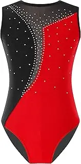 [Oyolan] Kids Girls Shinny Rhinestone Sleeveless Dance Leotard Color Block Bodysuit Ballet Gymnastic Unitard Dancewear