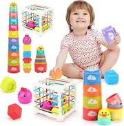 Qizebaby Baby Toys 6 to 12 Months, Montessori Sensory Set with Stacking & Shape Sorter Toys, Storage Cube & Sand Bath Sorting Game, Perfect for Boy or Girl Birthdays