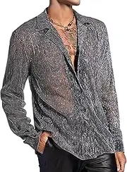 [COOLOYA] Men's Mesh Sheer See Through Long Sleeve Rave Disco Outfit Collar Button Front Party Shirt Tops