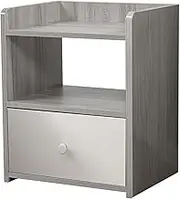 Bedside Table, Modern Nightstand with Drawer and Shelf, Minimalist and Practical End Side Table with Open Storage Shelf for Bedroom, White&Grey