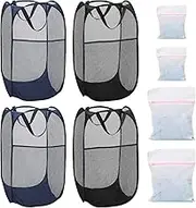 4Pcs Mesh Pop Up Laundry Hamper, FHDUSRYO Foldable Pop Up Hamper, Collapsible Laundry Basket with Carry Handles, Portable Dirty Clothes Basket with 4 Wash Bags, Mesh Hamper for Dorm Bedroom Travel