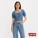 LEVIS 寬鬆短袖牛仔襯衫 / 精工中深色水洗 / 無領平口 女款 85388-0009 熱賣單品