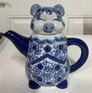 Vintage Blue And White Ceramic Piggy Teapot 6.5” Tall New Without Box