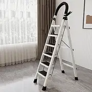 stusgo 6 Step Ladders, Aluminium Folding Step Ladder,Sepladder Multi Height Platform for Home Office Warehouse, 150kg Capacity Portable Non-Slip Upgrade The Security Buckle (White and Black)