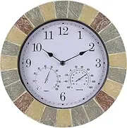 14 Inch Garden Clock Weatherproof Outdoor Resin Thermometer and Hygrometer Outdoor Clock Garden Cover Outdoor Garden Clocks Indoor Outdoor Decoration Wall Clock