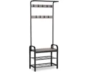 Greige And Black Steel Freestanding Coat Rack Stand With Removable Hooks, Bench Shoe Rack, Height 183 Cm