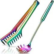 Patelai 2 Pcs Stainless Steel Pasta Spoon with Teeth Large Spaghetti Spoon Utensil, 9.4'' Pasta Tong and 13.6'' Pasta Fork with Vacuum Handle, Comfortable Grip Design Spoons for Kitchen(Colorful)