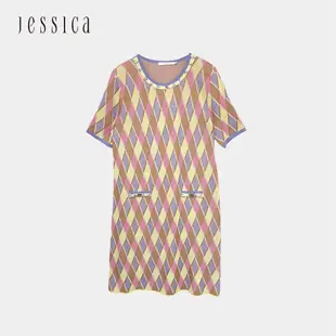 JESSICA - 氣質顯瘦彩色菱格紋短袖針織洋裝223176