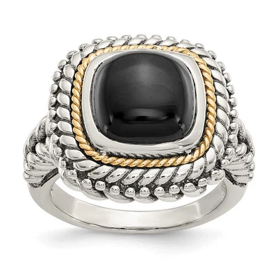 Sterling Silver with 14K Accent Antiqued Cabochon Black Onyx Ring Size 6