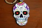 SKULL KEY RING Day Of The Dead Sugar Candy Calavera Keyring Zipper Pull