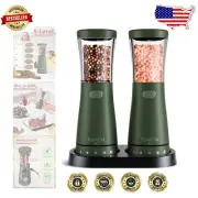Elegant Dark Green Electric Salt and Pepper Mills with Storage Base & LED Light
