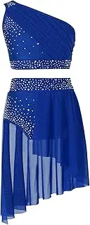 [Rswnyirn] Kids Girls Shiny Rhinestone One Shoulder Crop Top with Skirt Set Lyrical Ballet Dance Ballroom Dancewear