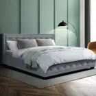 Linen Fabric Bed Frame King Size Gas Lift Storage Base Tufted Headboard Grey