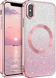 DUEDUE for iPhone X/XS 5.8'' Case Magnetic, Glitter Case [Removable Glitter Card] Shockproof Ultra Slim for Women Girls Compatible with MagSafe, Gradient Pink