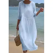 Women's Midi Dress Cotton Linen Dresses Casual Dress Fashion Basic Classic Daily Beach Weekend Regular Fit Plain Half Sleeve Crew Neck White Pink Light Blue Su