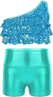 [Yruioon] Kids Girls Sequins Jazz Latin Dance Outfit Shiny Sleeveless Top And Shorts Ballet Performance Costume Dancewear