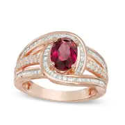 Oval Rhodolite and 0.63 CT. T.W. Natural Diamond Swirl Frame Multi-Row Ring in Solid 10K Rose Gold