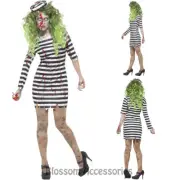 CA16 Zombie Jailbird Costume Ladies Halloween Convict Prisoner Fancy Dress Up