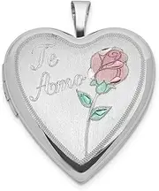 [JewelryWeb] 925 Sterling Silver Etched Polished Holds 2 photos 20mm Enameled Rose Te Amo Love Heart Locket