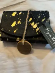 MYRA BAG SMALL BLACK COWHIDE WALLET WITH GOLD ACCENTS NEW WITH TAGS