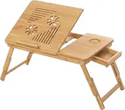 SONGMICS Bamboo Laptop Desk, Foldable Bed Table, Height Adjustable Sofa Tray, with 5 Tilting Angles, Air Holes, Small Drawer, 55 x 35 x (21-29) cm LLD002