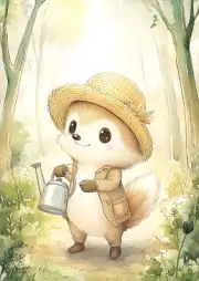Little Fox in Hat w/ Watering Can Nursery Kids Room Wall Art Print 8.5"x11"
