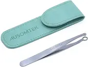 Ausomtek Nose Hair & Ear Hair Trimming Tweezers, Eyebrow Grooming Scissors, Eyelash Clipper, Stainless Steel Grooming Scissors, Safe Round-Headed, for Men and Women (Cyan PU Case) (1 Pack)