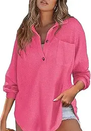 [OULIWANGLUO] Women's Fall Waffle Knit Henley Tops Casual Solid Color Button Sweatershirts Long Sleeve V Neck Tunic with Pocket (Rose Red,X-Large)