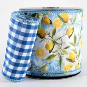 Watercolor Lemon & Acanthus 4" by 2 yd Wire Ribbon d. Stevens Dupioni Blue White
