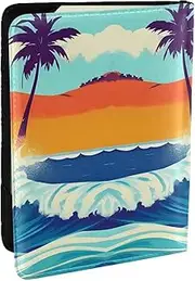 [EdWal] Hawaiian Surfer on Wavy Print Passport Cover with Credit Card Holder Leather Passport Case, for Women Men Family ID Travel, Black, One Size