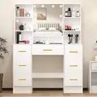 WHite Makeup Vanity Desk Mirror and Lights Vanity Dressing Table with 7 Drawers