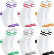 [Utensilsto] 6 Pairs Women's Tennis Socks Colourful Sports Socks Retro Cotton Socks Running Socks Long Socks with Stripes Motif, White, 38-42