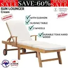 vidaXL Sun Lounger with Cushion Solid Teak Wood Cream Adjustable w/Sliding Table