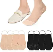 [QFGasre] 4Pairs Women Ball of Foot Cushion Socks Low Cut Liner Socks No Show Toe Topper with Sling Non-Slip for Heels Dress Shoes, Skin Color + Black, Medium
