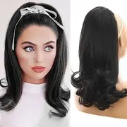 Wig for women with straight hair and two plastic combs, drawstring, black ponytail extensions, natural ponytail (Black, One size)