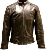 Cowhide Leather Motorcycle Jacket, Brown, Full-Zip Front, Multiple Pockets, Quilted Shoulder Panels, Black And Red, Small-5X-Large