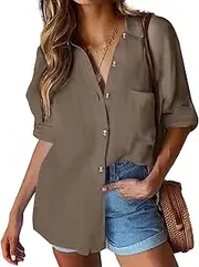 [Hotouch] Women Blouse Casual Long Sleeve Shirts Cotton Blouse V-Neck Elegant Blouse with Buttons Basic Plain Work Tops Shirt S-XXL