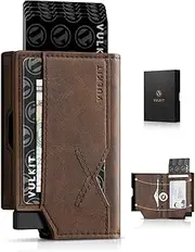 [VULKIT] Men's Leather Slim Pop-Up Credit Card Wallet - Front Pocket Card Holder with Quick Access ID Window | Minimalist Design | Brown