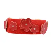 Women Red Color Elastic Strap Day Night Wear Wide Belt Flowers Silver Buckle S M