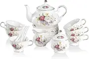 [Sweejar] Porcelain Tea Sets, Vintage British Floral Relief Gold Rimmed Teapot Cup and Saucer Set, Tea Set Service for 6, with Teapot, Sugar Bowl, Milk Jug, Spoons, Tea Cup and Saucer (Flower Style)