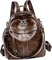 [HONMEET] Fashion Pu Anti-Theft Backpack Retro Oil Wax Shoulder Bag Zipper Schoolbag for Men Women Lightweight Daypack Bookbag Travel Bag Dark