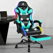 ALFORDSON Gaming Chair Office Massage 12 RGB LED PU Leather Black & Cyan
