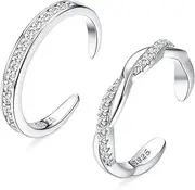[Fiasaso] 2 Pcs Sterling Silver Toe Rings for Women Adjustable Band Toe Rings Summer Beach Open Toe Ring Foot Jewelry Set