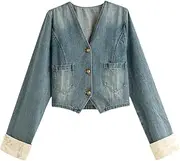 [Generic] Women's Solid Color Casual Loose Chinese Style Embroidered Patchwork Design Denim Short Jacket Retro V-Neck Irregular Hem Denim Jacket