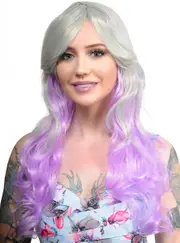 Ainsley Silver and Purple Long Wavy Womens Costume Wig